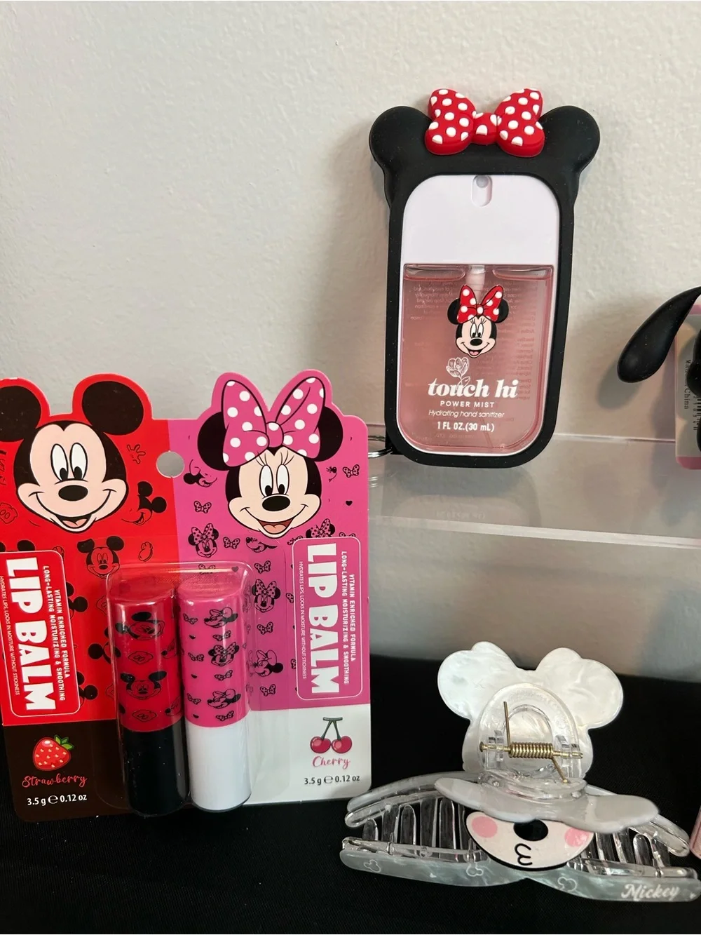 Minnie Mouse wallet, lipbalm, hair lips and keychain